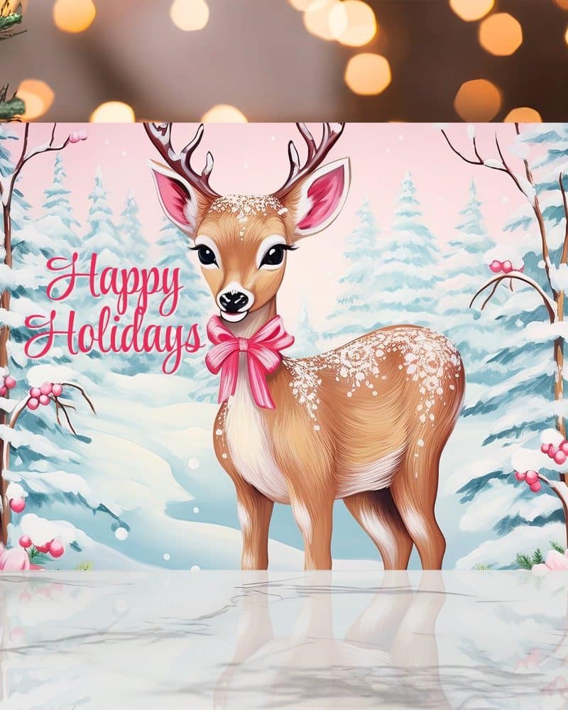 Holiday greeting card featuring a fawn wearing a pink bow, standing in a snowy winter scene.
