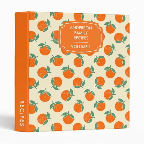 Orange Recipe Binder Labeled Anderson Family Recipes, Volume 1.