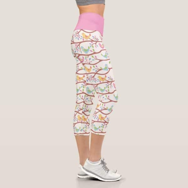 Women'S Cropped Leggings With A Pink Waistband And A Pattern Of Colorful Birds On Branches.
