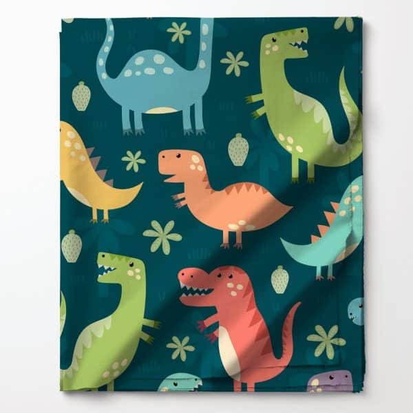 Colorful Cartoon Dinosaurs On Teal Fabric.