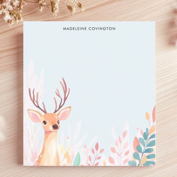 Light Blue Stationery Featuring A Deer With Antlers In A Pastel Floral Border. The Name Madeleine Covington Is At The Top.