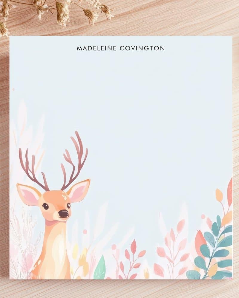Light blue stationery featuring a deer with antlers in a pastel floral border. The name Madeleine Covington is at the top.