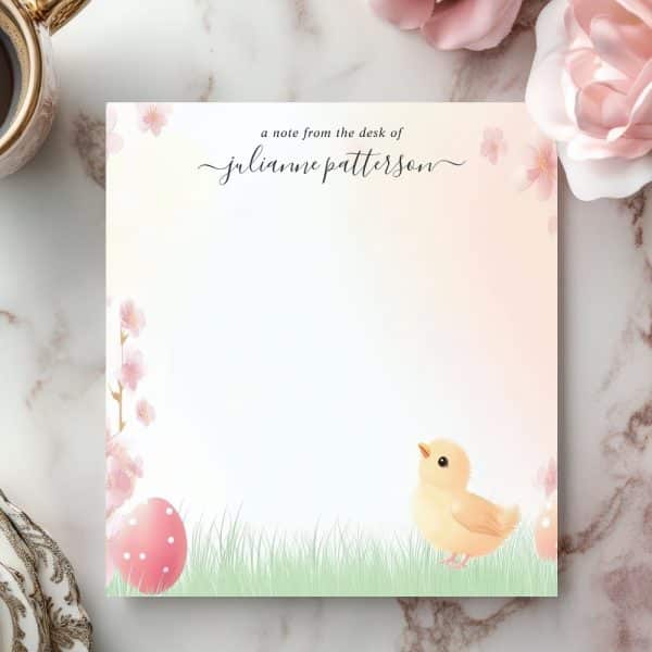 Personalized Notepad Featuring A Chick And Easter Egg With Pink Blossoms.