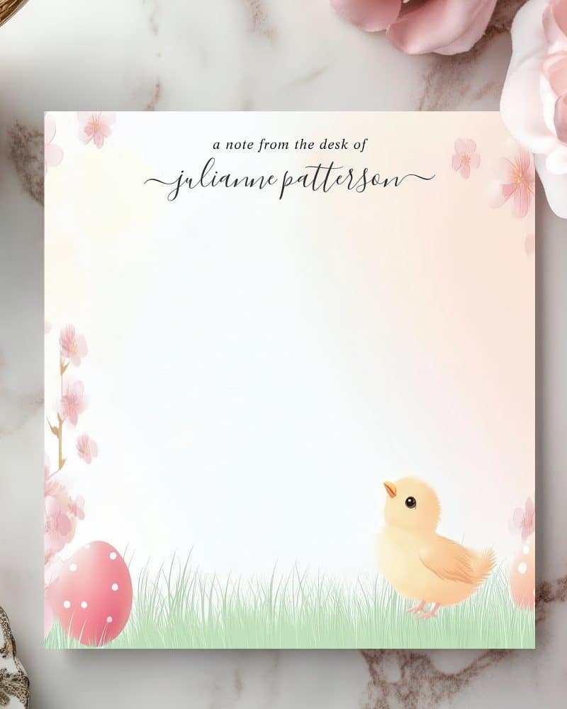 Personalized notepad featuring a chick and Easter egg with pink blossoms.