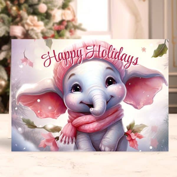 Happy Holidays Greeting Card Featuring A Cute Baby Elephant Wearing A Pink Hat And Scarf.