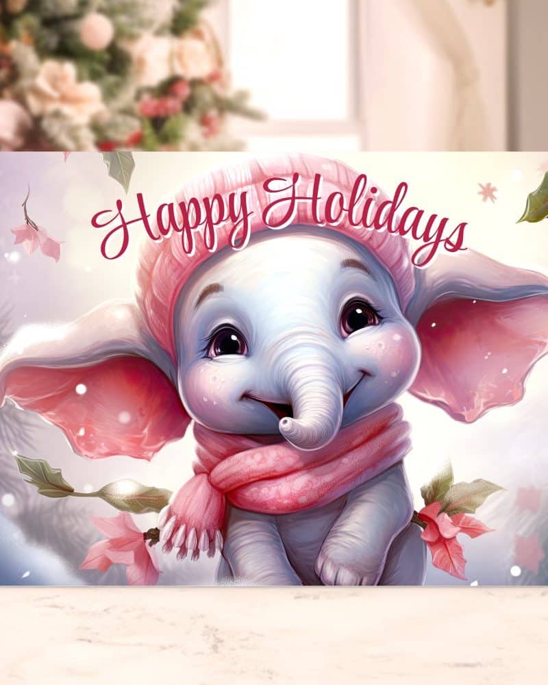 Happy Holidays greeting card featuring a cute baby elephant wearing a pink hat and scarf.