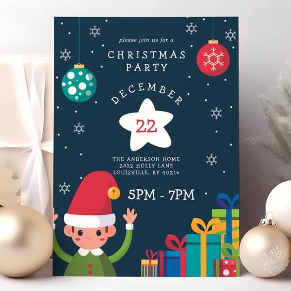 Christmas Party Invitation Featuring A Cheerful Elf, Presents, And Ornaments.