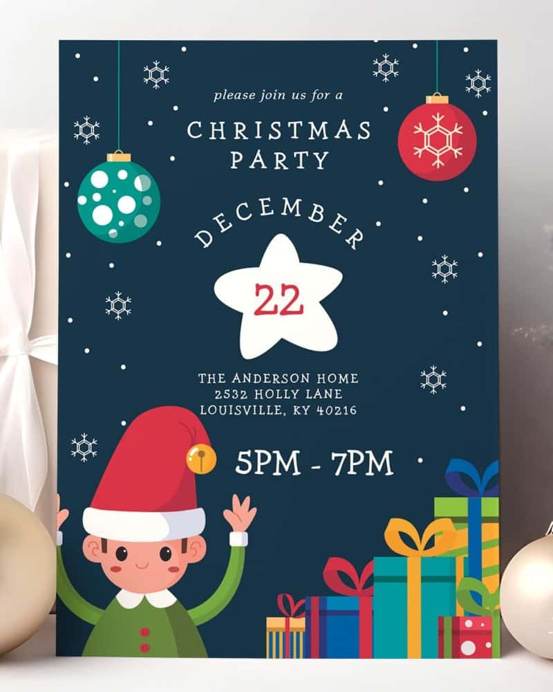 Christmas party invitation featuring a cheerful elf, presents, and ornaments.