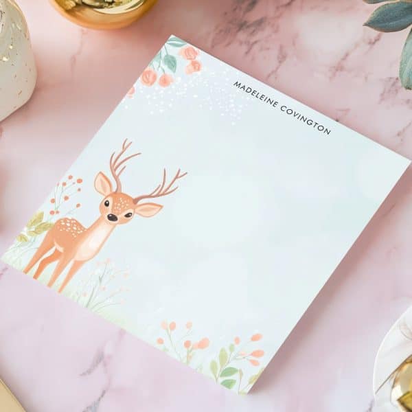 Personalized Stationery Featuring A Fawn In A Floral Field.