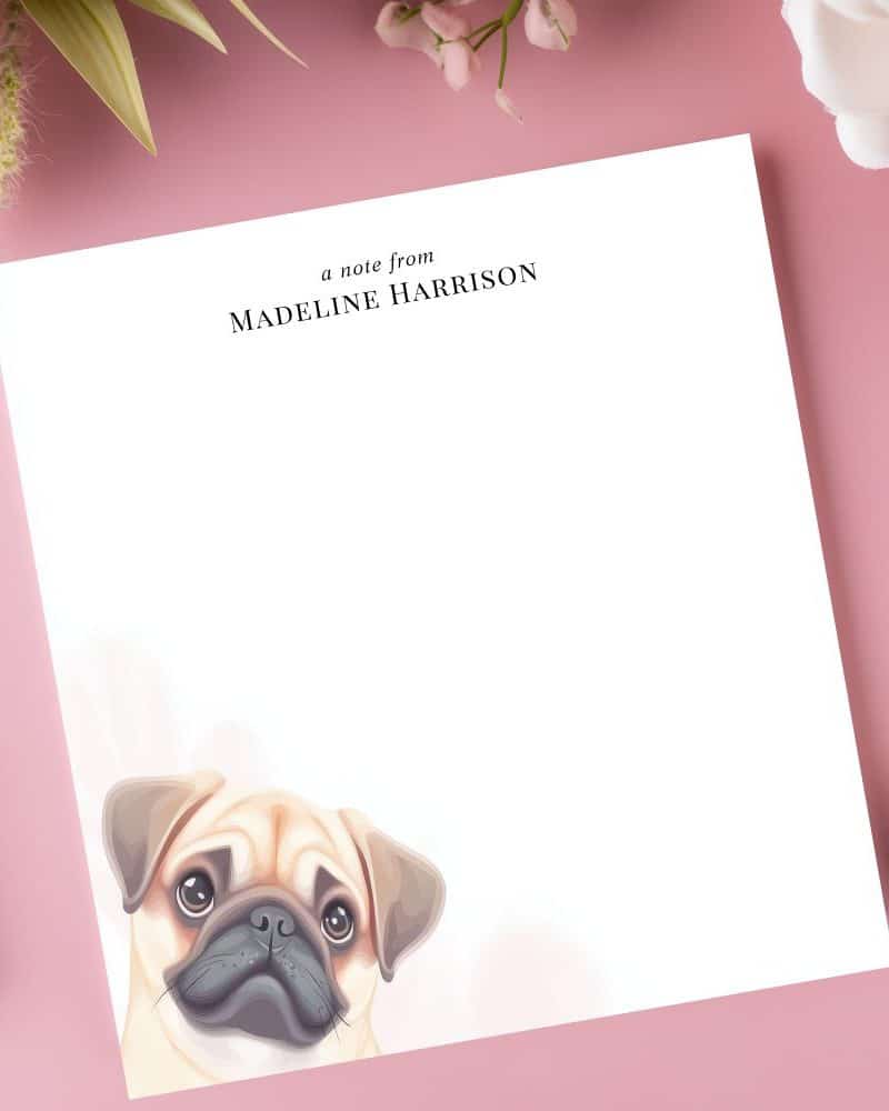 Stationery featuring a pug's face peeking from the bottom.