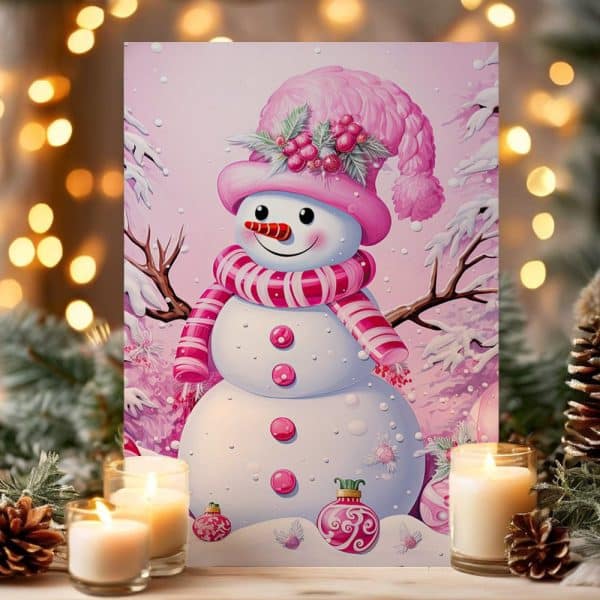Pink Snowman In A Pink Hat And Scarf, Surrounded By Pink Ornaments And A Winter Scene.