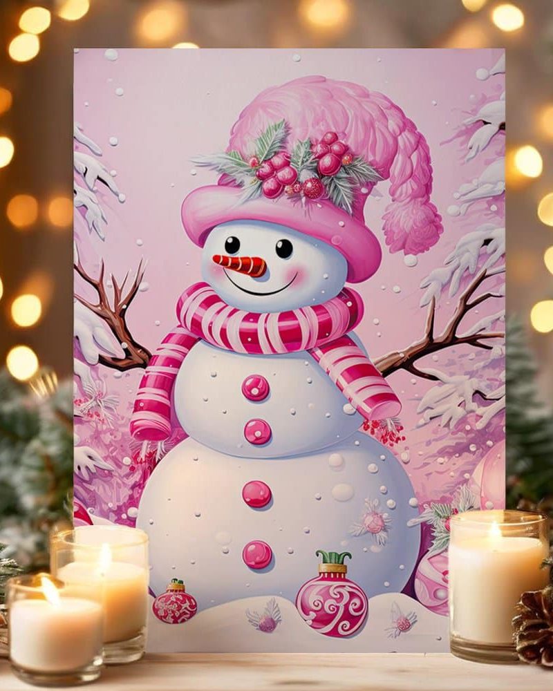 Pink snowman in a pink hat and scarf, surrounded by pink ornaments and a winter scene.