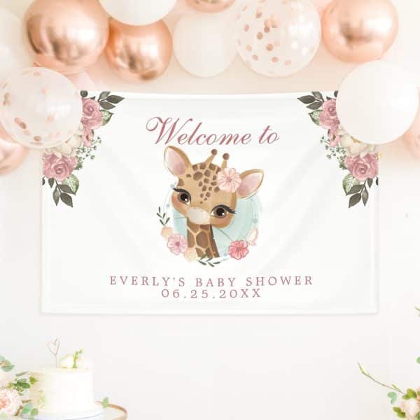 Baby Shower Banner Featuring A Cute Giraffe Illustration Surrounded By Flowers, With Text Welcoming Guests To Everly'S Baby Shower And The Date.