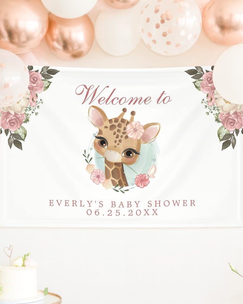 Baby shower banner featuring a cute giraffe illustration surrounded by flowers, with text welcoming guests to Everly's baby shower and the date.