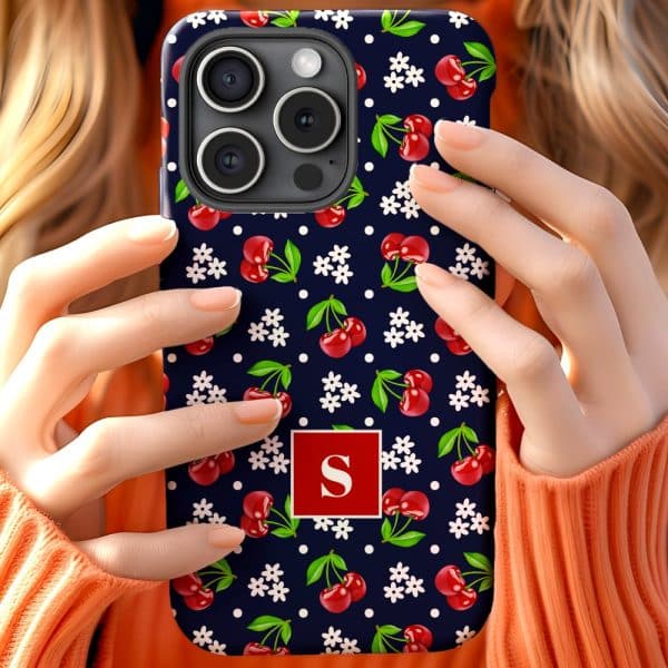 Woman'S Hands Holding A Navy Blue Phone Case With A Cherry And Floral Pattern And A Red S Initial.