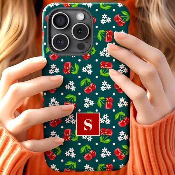 Hands Holding A Teal Phone Case With A Cherry And Flower Pattern And A Red Square With The Letter S.