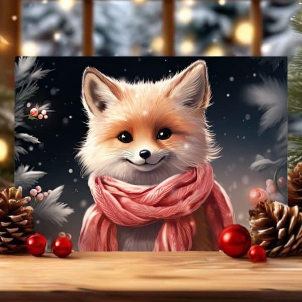 A Cute Fox Wearing A Pink Scarf In A Snowy Winter Scene.