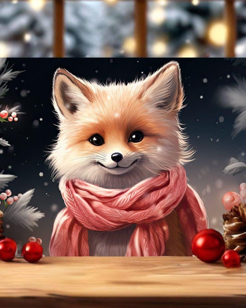 A cute fox wearing a pink scarf in a snowy winter scene.