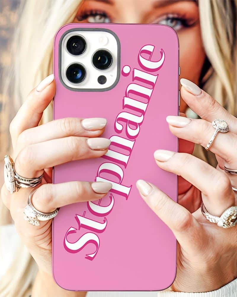Pink phone case with the name Stephanie in pink lettering.