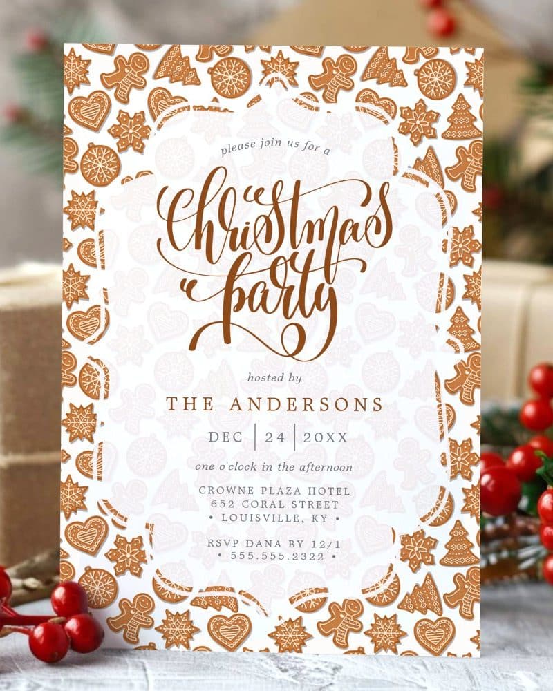 Christmas party invitation with gingerbread cookie pattern.