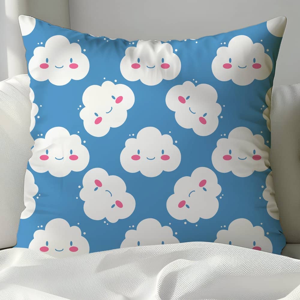 Blue Pillow With A Pattern Of Smiling White Clouds.