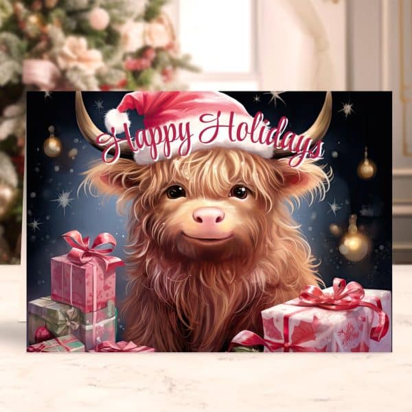 Happy Holidays Greeting Card Featuring A Highland Cow Wearing A Santa Hat, Surrounded By Presents.