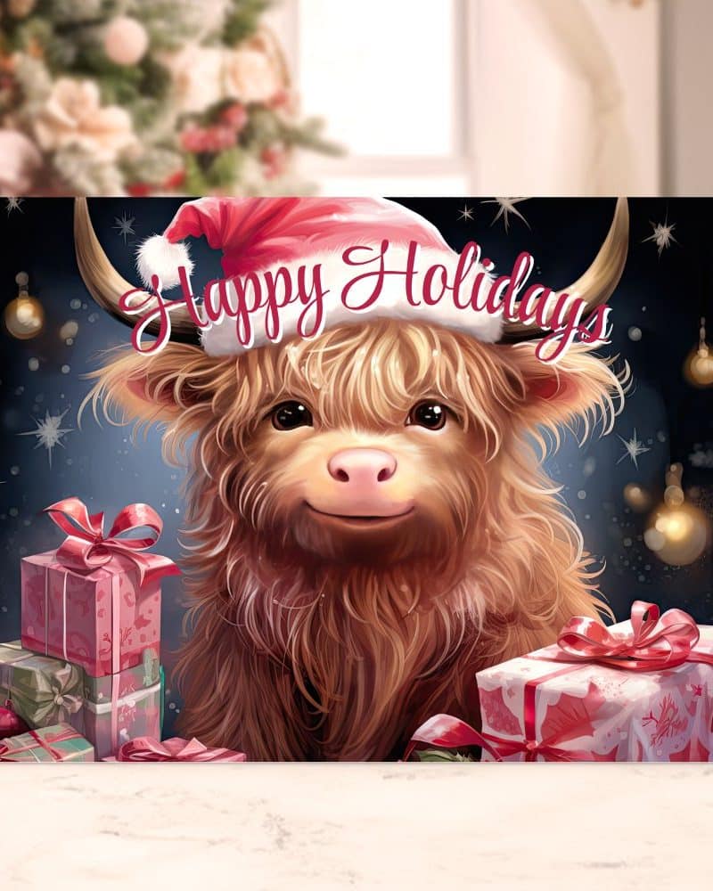 Happy Holidays greeting card featuring a Highland cow wearing a Santa hat, surrounded by presents.