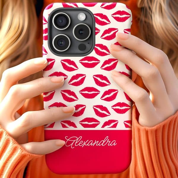 A Woman'S Hands Hold A Personalized Phone Case. The Case Is White With A Red Lip Print And The Name Alexandra On A Red Band At The Bottom.
