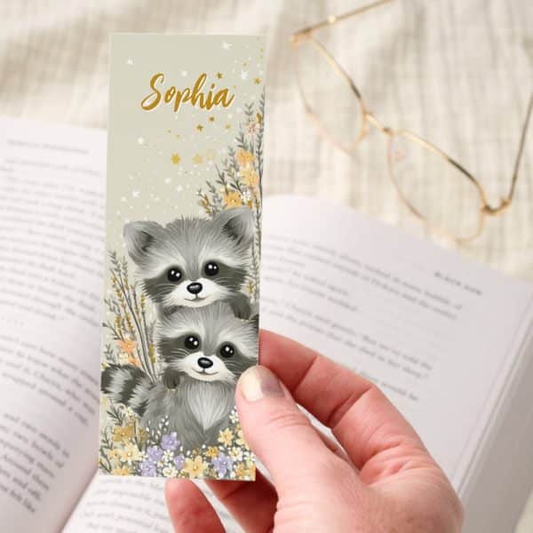 Cute Kawaii Baby Raccoons Floral Personalized Bookmarks