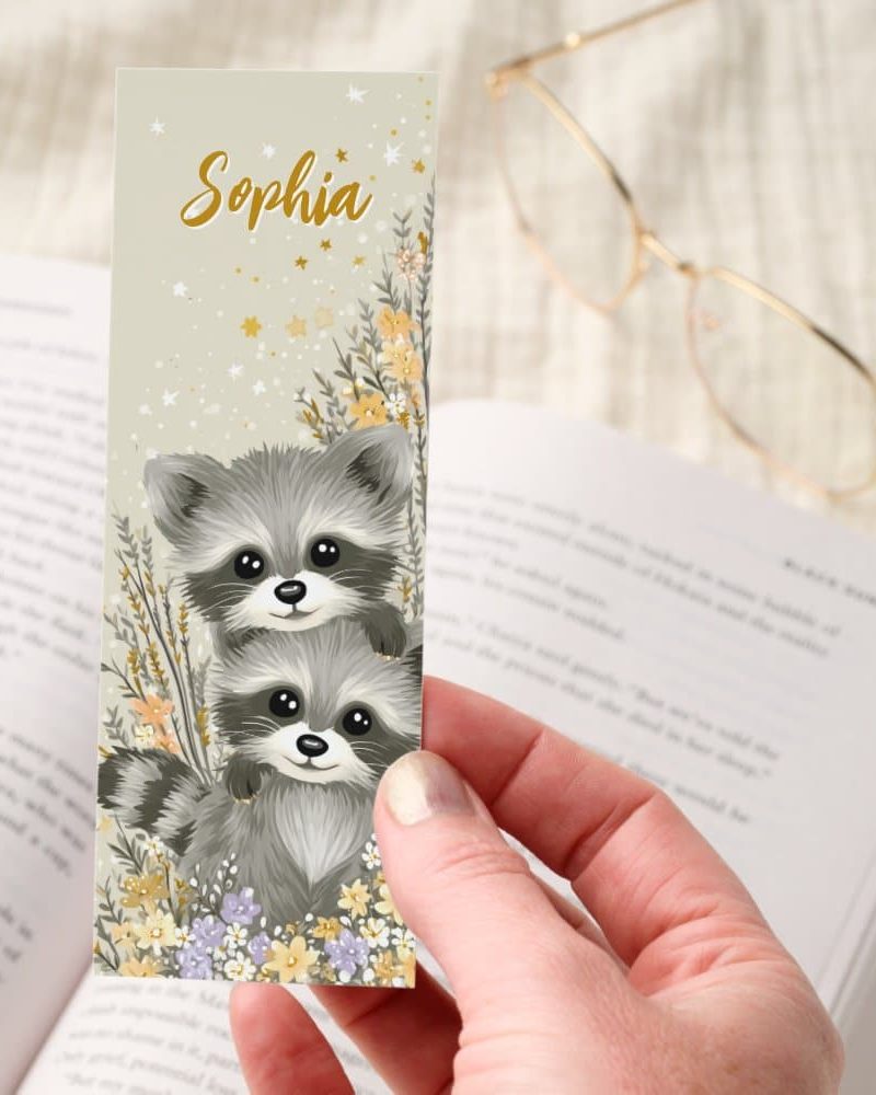 Cute Kawaii Baby Raccoons Floral Personalized Bookmarks