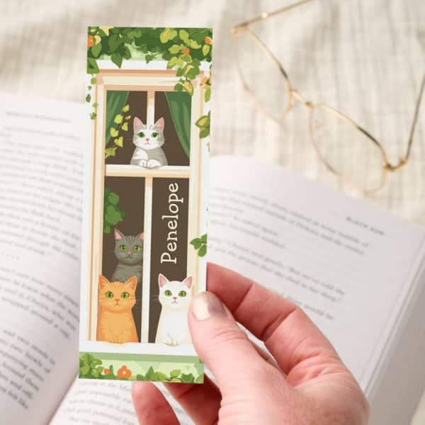 Cute Kawaii Cats In Window Floral Personalized Bookmarks