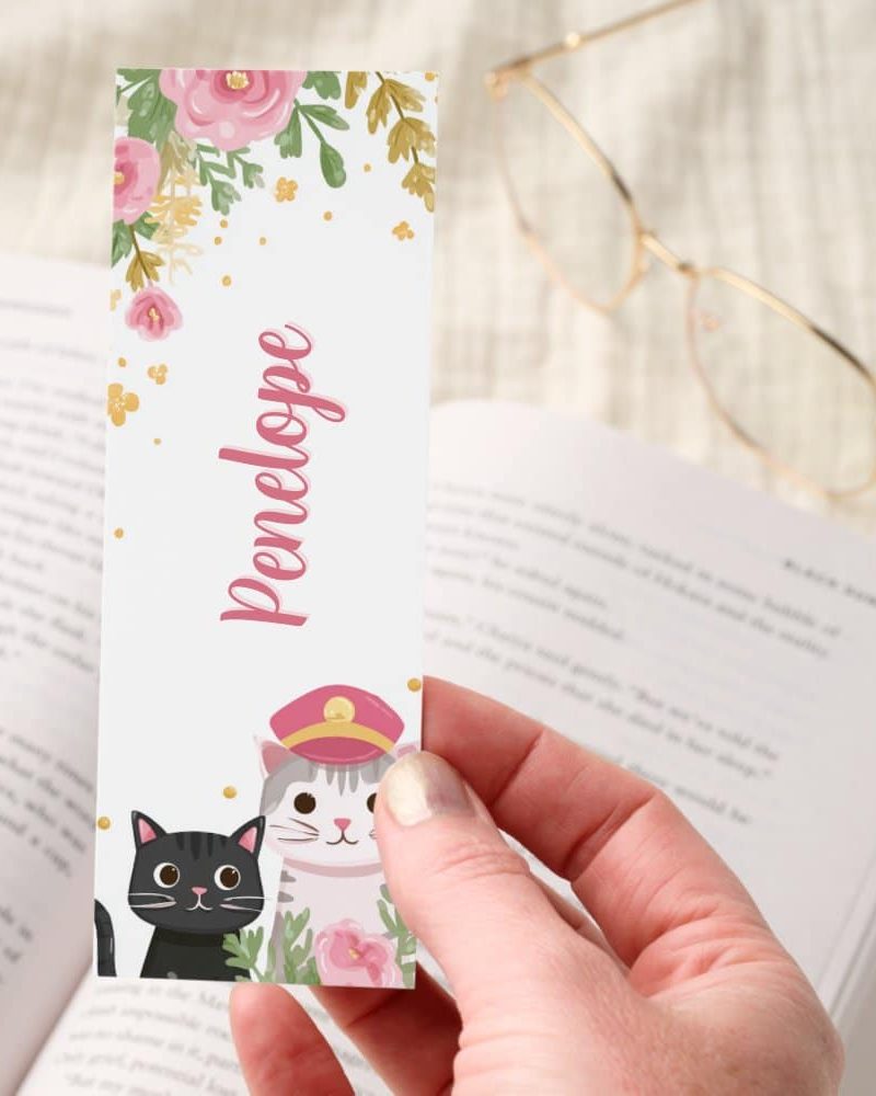 Cute Kawaii Cats Pink Floral Personalized Bookmarks