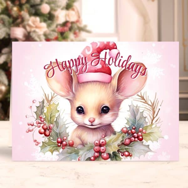 Pink Holiday Card Featuring A Cute Mouse Wearing A Santa Hat, Surrounded By Holly Berries.