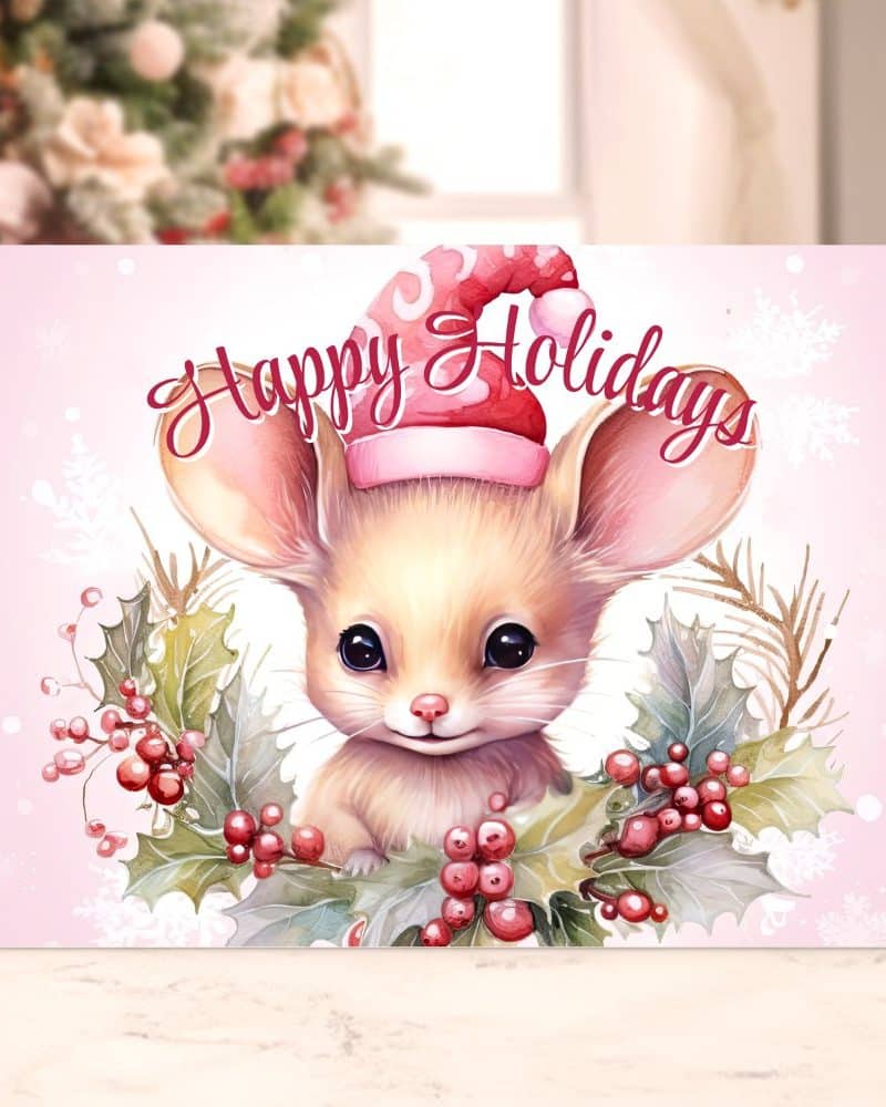 Pink holiday card featuring a cute mouse wearing a Santa hat, surrounded by holly berries.