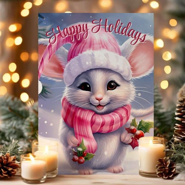 Happy Holidays Image Featuring A Cute, White Mouse Wearing A Pink Winter Hat And Scarf, Holding Holly Berries.