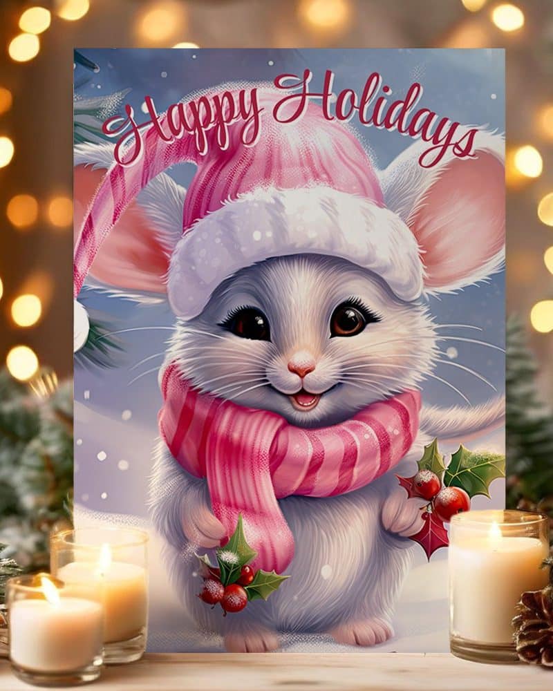 Happy Holidays image featuring a cute, white mouse wearing a pink winter hat and scarf, holding holly berries.