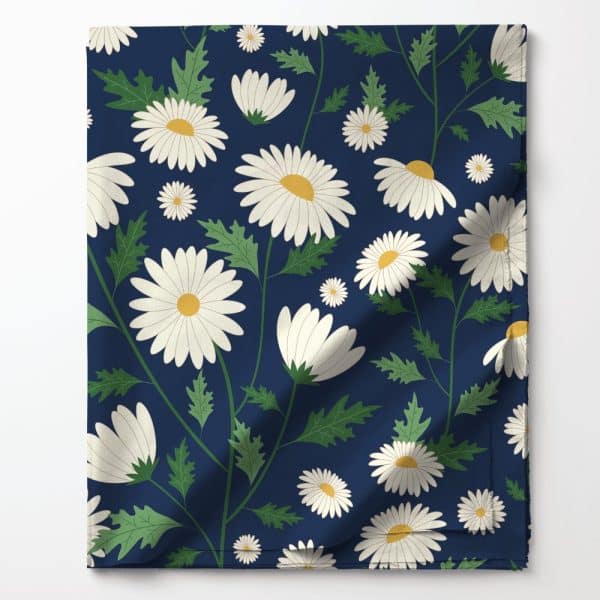 Navy Blue Fabric With A Repeating Pattern Of White Daisies And Green Leaves.
