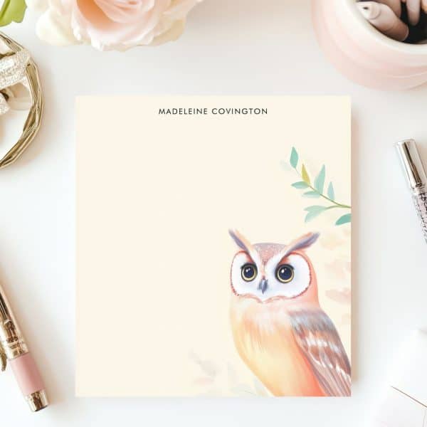 Pastel-Colored Owl Notepad With The Name Madeleine Covington.