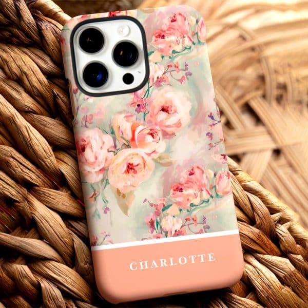 Personalized Iphone Case With A Watercolor Floral Design And The Name Charlotte.