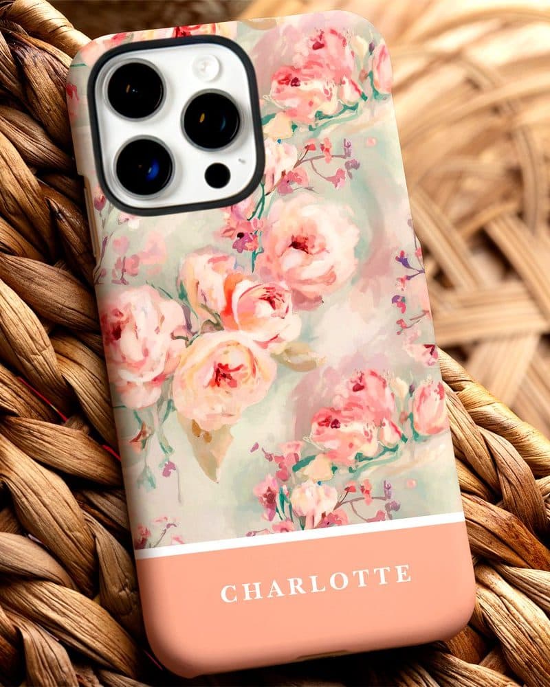 Personalized iPhone case with a watercolor floral design and the name Charlotte.