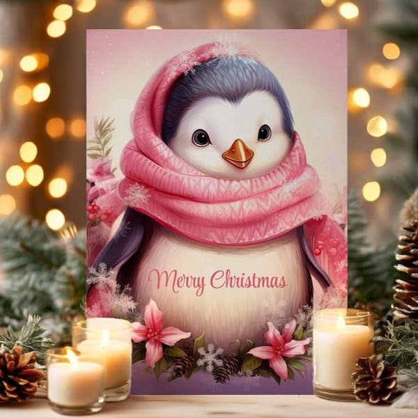 Christmas Card Featuring An Adorable Penguin Wearing A Pink Scarf.