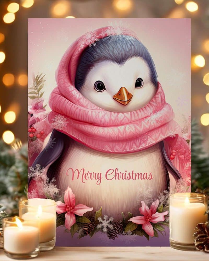 Christmas card featuring an adorable penguin wearing a pink scarf.
