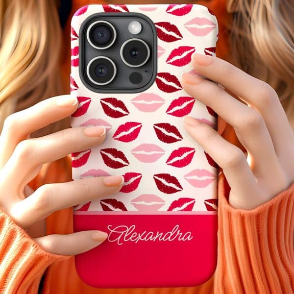 Person Holding A Personalized Phone Case With A Lipstick Print Pattern And The Name Alexandra.