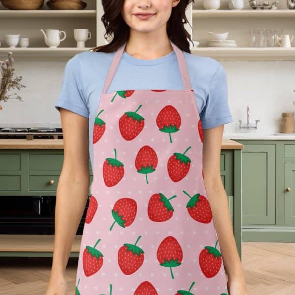 Pink Apron With A Strawberry Pattern.