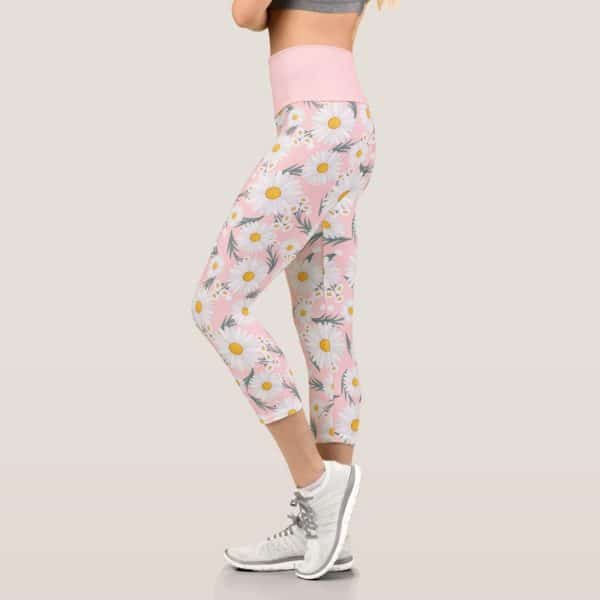 Pink Capri Leggings With A White Daisy Print.