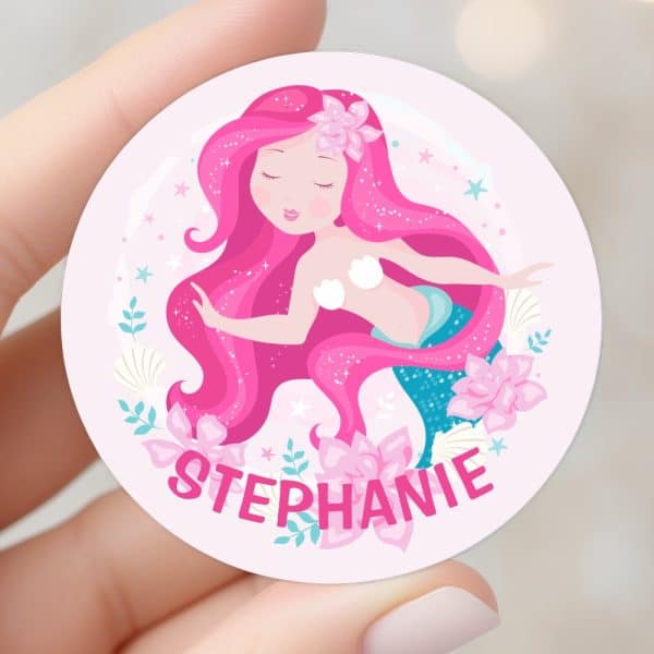 Round Sticker Featuring A Pink-Haired Mermaid With The Name Stephanie.