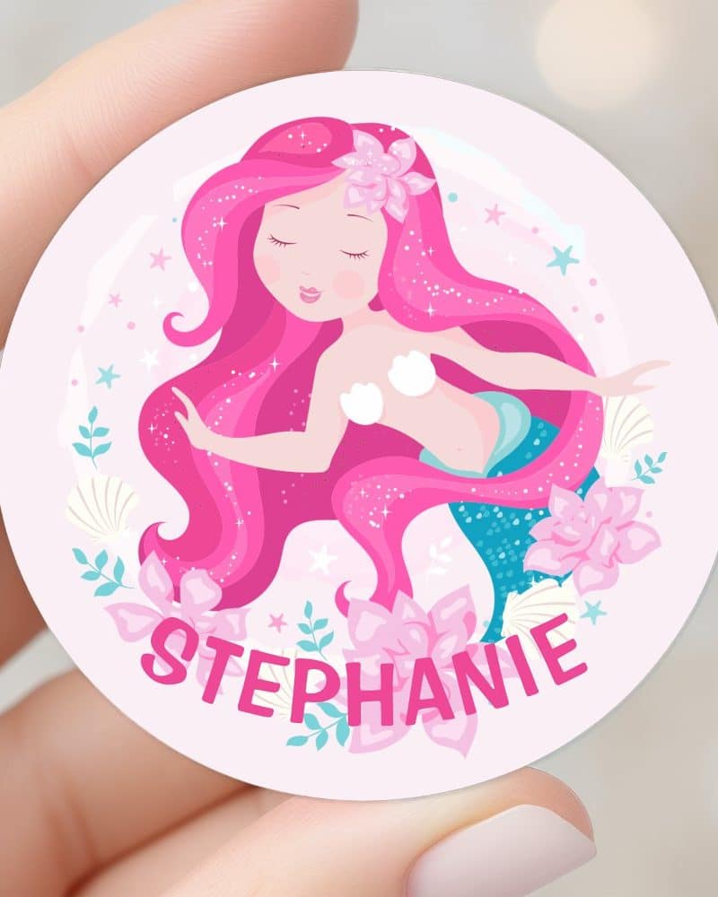 Round sticker featuring a pink-haired mermaid with the name Stephanie.