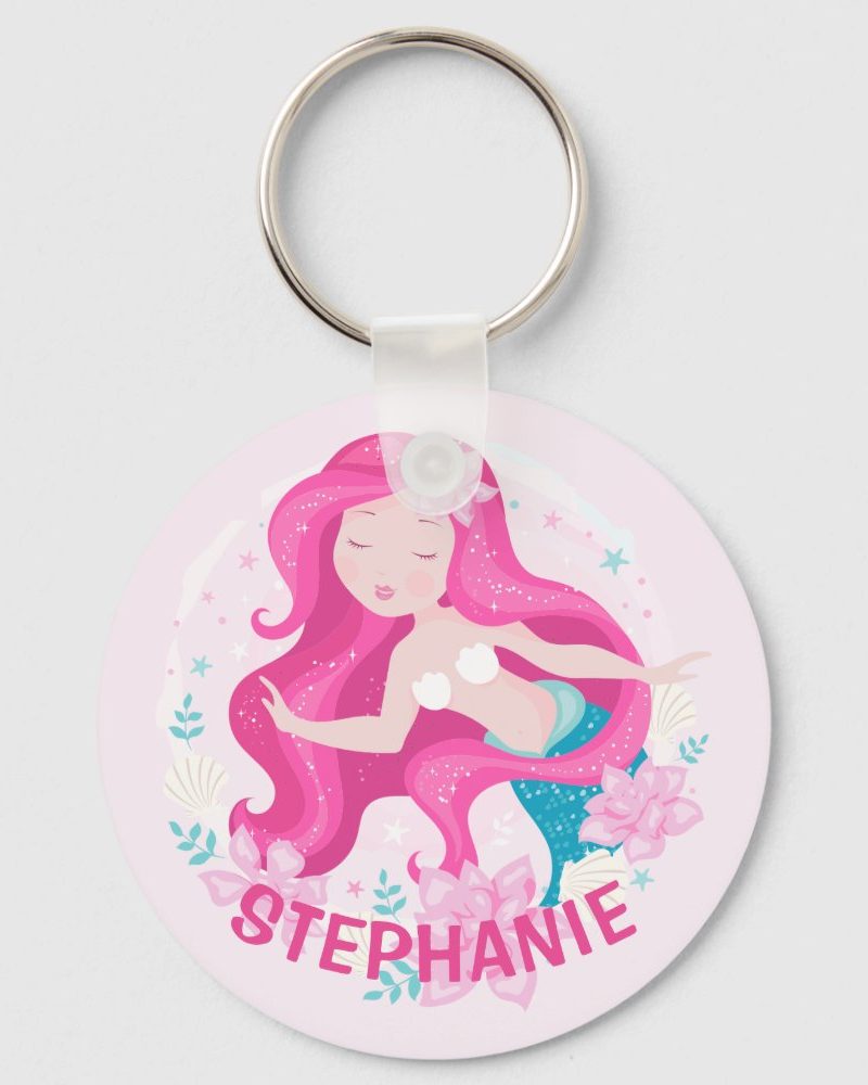 Pink mermaid keychain with the name Stephanie.