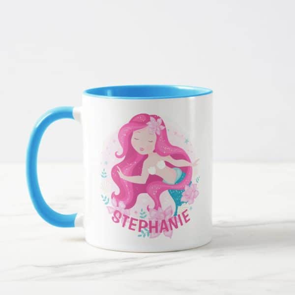 Personalized Mug With A Pink Mermaid Design And The Name Stephanie.