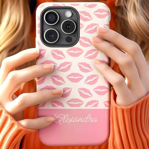 Pink Phone Case With A Lipstick Print And The Name Alexandra.